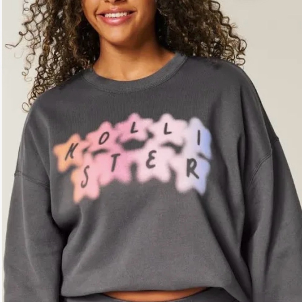 Hollister Women’s Medium Easy Logo Graphic Charcoal Crew Sweatshirt Relaxed NWT